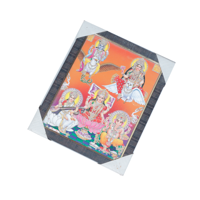 Goddess Lakshmi Mata, Lord Ganesha, Goddess Saraswati Mata, Lord Vishnu And Dhan Kubera Photo Frame - 11 × 10 Inches | For Pooja Temple | Home Decor And Gifts