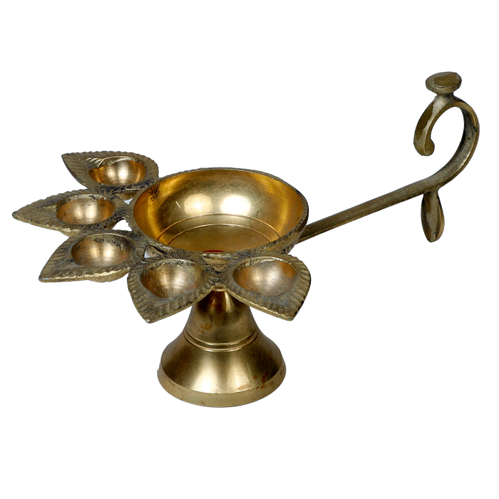 Brass Panchmukhi Puja Aarti Diya with Handle | Festival, Diwali, Navratri 5 Batti Oil Diya Stand - 4 × 11 Inches | 3 × 10 Inches | For Pooja Temple | Home And Mandir Decoration