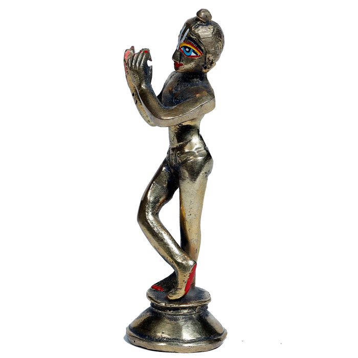 Brass Murti Lord Krishna Is Standing At The Stool- 4.5 × 2 Inches | For Pooja Temple | Home Decor | Office & Mandir Decoration And Gifts
