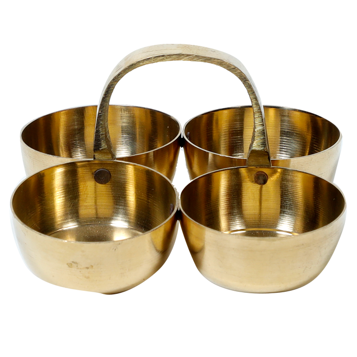 Brass Small Puja Roli | Chawal, Elaichi, Mishri 4 Bowl Stand | Brass Chowmukh Haldi Kumkum - | For Pooja Temple | Home Kitchenware And Gifts