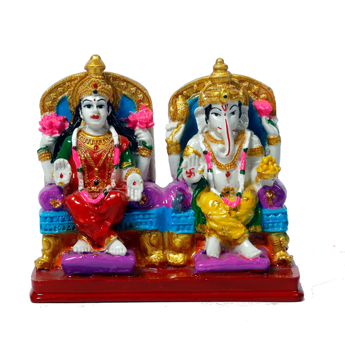 Goddess Lakshmi Mata & Lord Ganesha Is Sitting On The Throne Marble Dust Murti Idol - 4 x 4.3 Inches | For Pooja Temple | Home Decor | Office Decoration | Mandir Decoration And Gifts