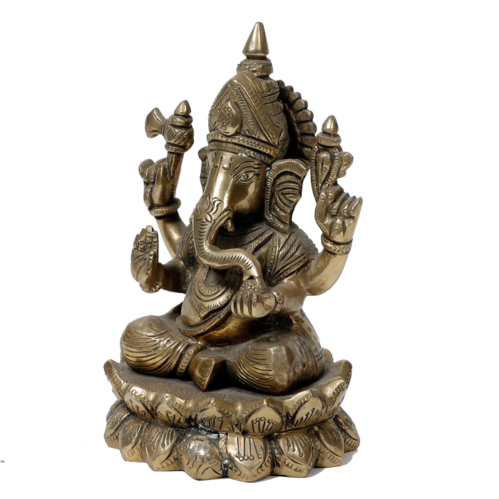 Brass Murti Lord Ganesha Is Sitting On Lotus Flower - 6.3 × 3.7 Inches | For Pooja Temple | Home Decor | Office & Mandir Decoration And Gifts