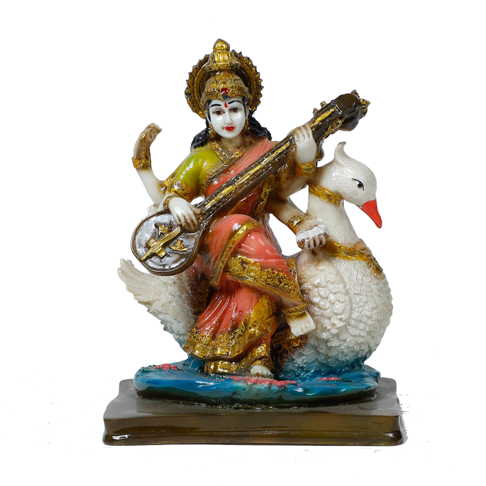Goddess Saraswati Mata Is Sitting on A Swan Marble Dust Murti Idol - 7 × 6 Inches | For Pooja Temple | Home Decor | Office Decoration | Mandir Decoration And Gifts