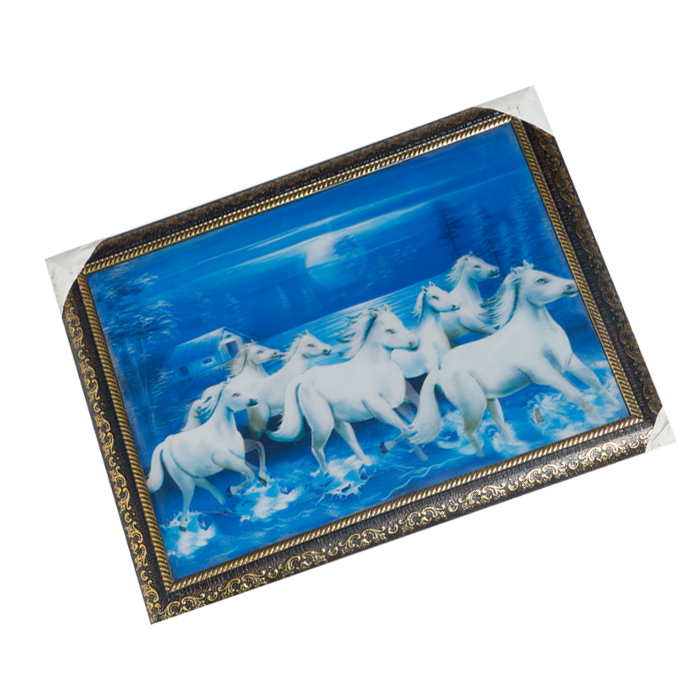 7 Running Vastu Shastra White Horse 3D Photo Frame - 14 × 17 Inches | For Home Decor And Gifts
