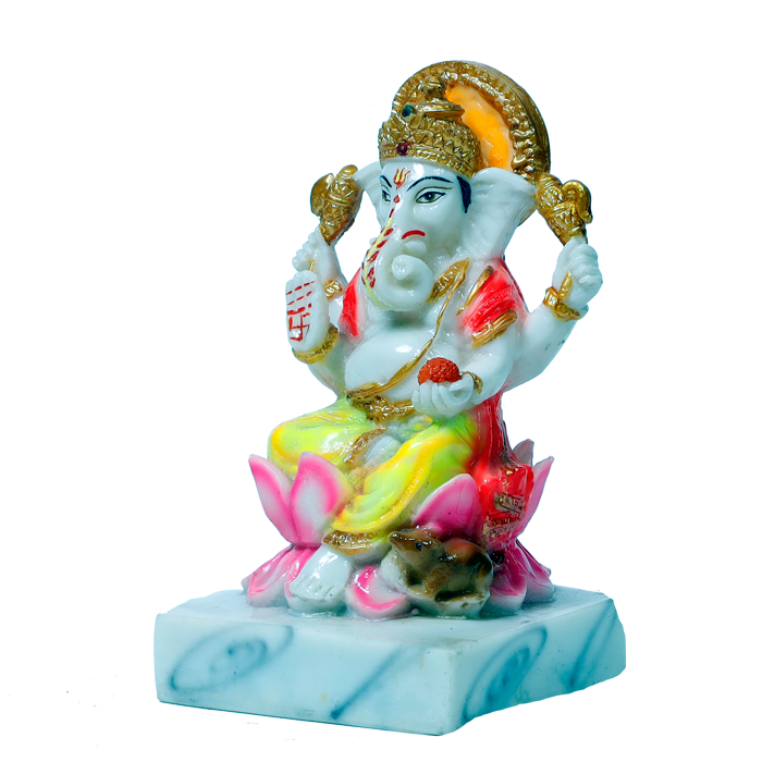 Lord Ganesha Is Sitting On Lotus Flower | Marble Dust Murti Idol - 7 × 4 Inches | For Pooja Temple | Home Decor | Office Decoration | Mandir Decoration And Gifts