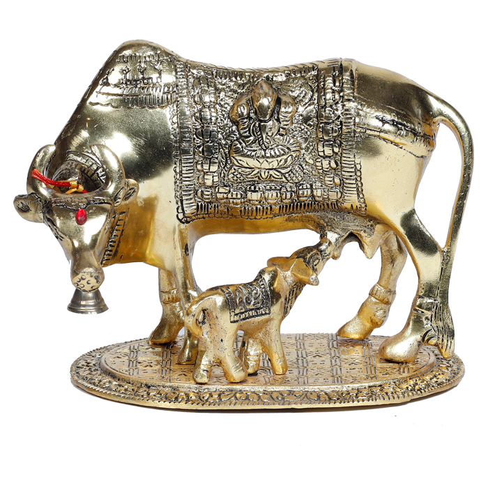 Metal Golden And Silver Plated Cow And Collins - 6.5 × 9 Inches | For Pooja Temple | Home Decor | Office & Mandir Decoration | Vastu & Spiritual Decor, Ideal for Worship And Gifts