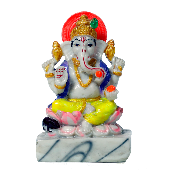 Lord Ganesha Is Sitting On Throne Marble Dust Murti Idol - 5 x 3 Inches | For Pooja Temple | Home Decor | Office Decoration | Mandir Decoration And Gifts