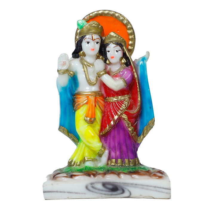 Goddess Radha And Lord Krishna Are Standing At The Chowki | Marble Dust Murti Idol - 6 × 4 Inches | For Pooja Temple | Home Decor | Office Decoration | Mandir Decoration And Gifts