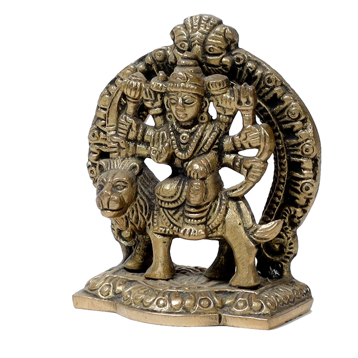 Brass Murti Goddess Durga Mata Is Sitting On Lion - 3 × 2.5 Inches | For Pooja Temple | Home Decor | Office & Mandir Decoration And Gifts