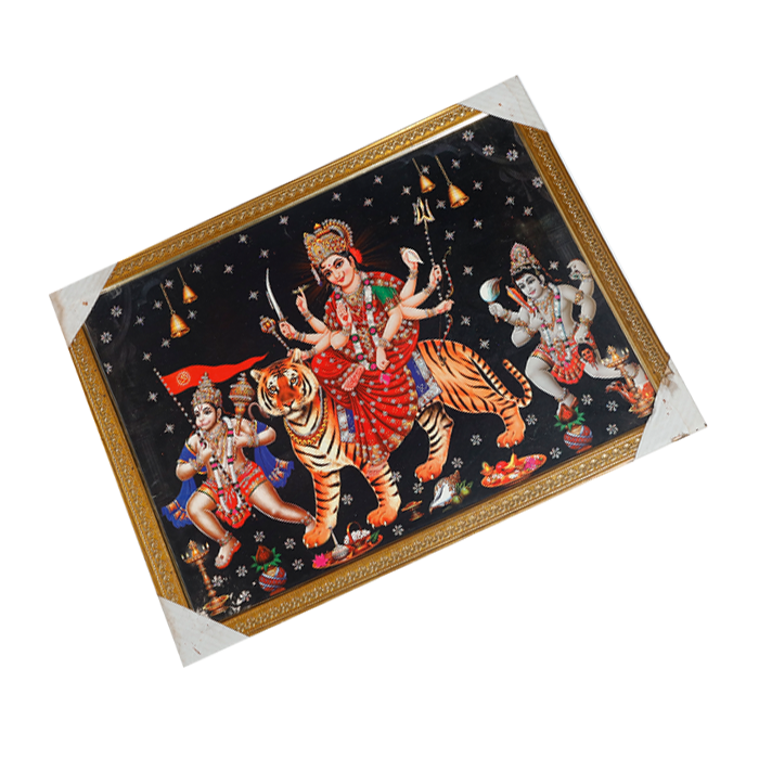 Goddess Durga Mata, Bajrangbali Hanuman Ji And Lord koshthak Kaal Bhairav Photo Frame - 26 × 20 Inches | For Pooja Temple | Home Decor And Gifts