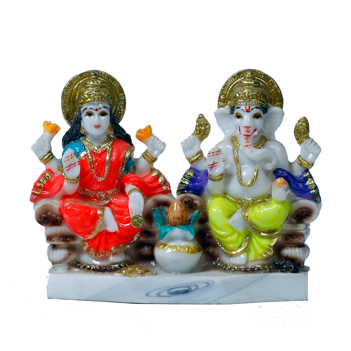 Goddess Lakshmi Mata And Lord Ganesha Is Sitting On Throne | Marble Dust Murti Idol - 4 x 5 Inches | For Pooja Temple | Home Decor | Office Decoration | Mandir Decoration And Gifts
