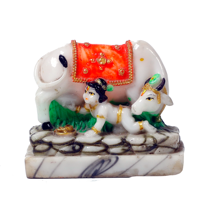 Nandi And Lord Bal Gopal Krishana | Marble Dust Murti Idol - 4 x 4 Inches | For Pooja Temple | Home Decor | Office Decoration | Mandir Decoration And Gifts