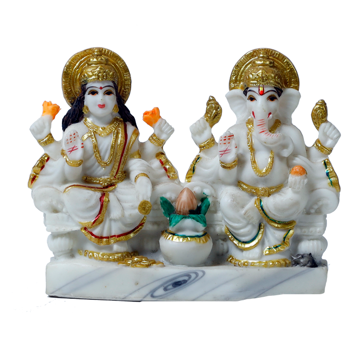 Goddess Lakshmi Mata & Lord Ganesha Is Sitting On Throne | Marble Dust Murti Idol - 4 x 5 Inches | For Pooja Temple | Home Decor | Office Decoration | Mandir Decoration And Gifts
