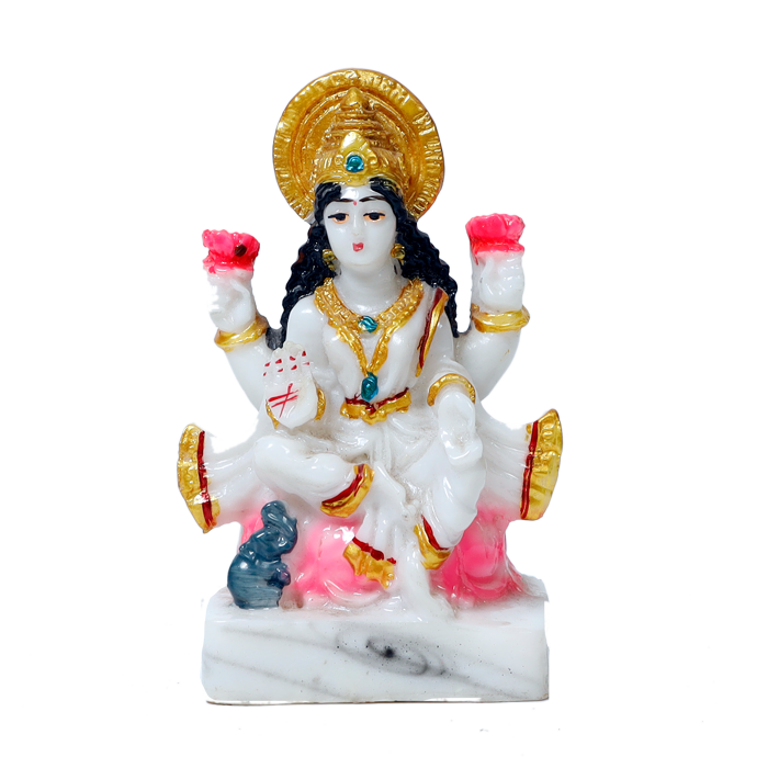 Goddess Lakshmi Mata Is Sitting On The Stool Marble Dust Murti Idol - 4 × 3 Inches | For Pooja Temple | Home Decor | Office Decoration | Mandir Decoration And Gifts