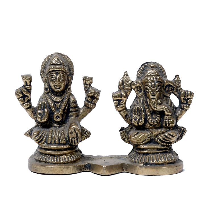 Brass Murti Goddess Lakshmi And Lord Ganesha Is Sitting On Stool - 2 × 3 Inches | 2.5 × 3 Inches | For Pooja Temple | Home Decor And Gifts