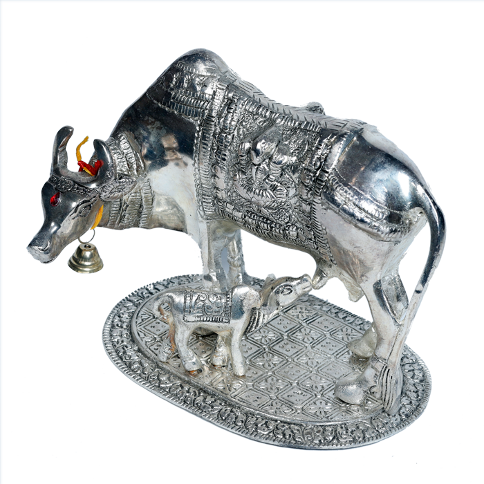 Metal Golden And Silver Plated Cow And Collins - 6.5 × 9 Inches | For Pooja Temple | Home Decor | Office & Mandir Decoration | Vastu & Spiritual Decor, Ideal for Worship And Gifts