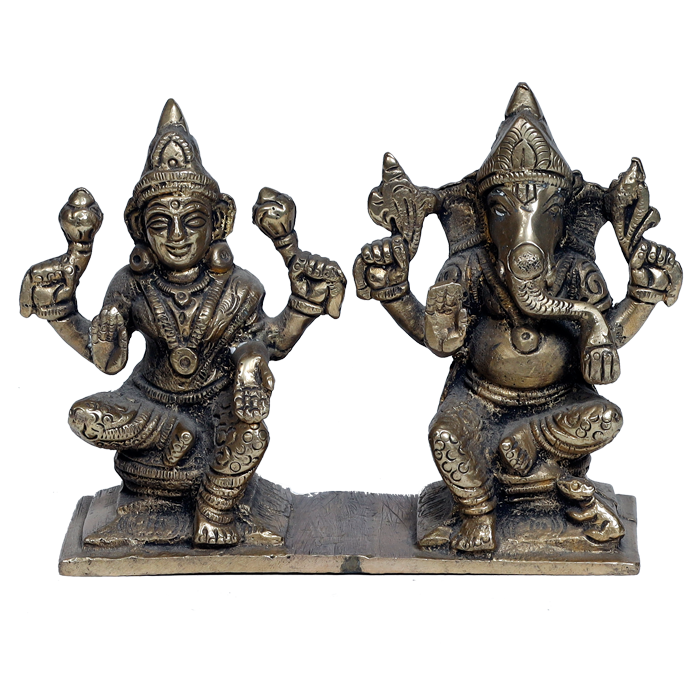 Ashtadhatu Murti Goddess Lakshmi And Lord Ganesha Is Sitting On Stool - 4 × 5.5 Inches | For Pooja Temple | Home Decor | Office & Mandir Decoration And Gifts