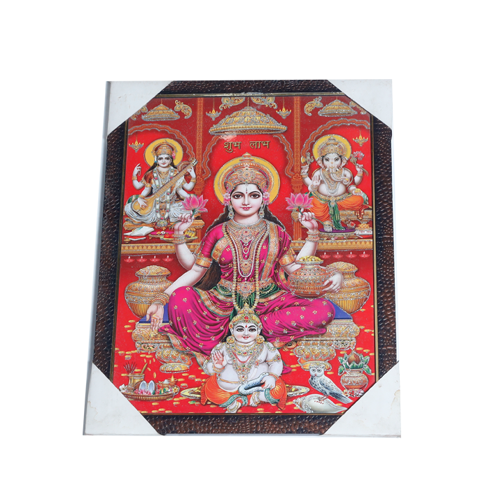 Goddess Lakshmi, Goddess Saraswati And Lord Ganesha Photo Frame - 17 × 13 Inches | For Pooja Temple | Home Decor And Gifts
