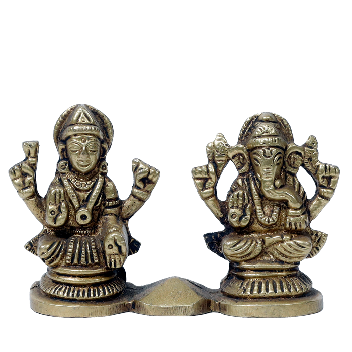 Brass Murti Goddess Lakshmi And Lord Ganesha Is Sitting On Stool - 2 × 3 Inches | 2.5 × 3 Inches | For Pooja Temple | Home Decor And Gifts
