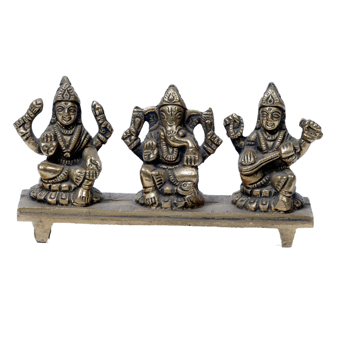Brass Murti Goddess Lakshmi, Lord Ganesha And Goddess Saraswati Is Sitting On Stool - 2 × 4 Inches | 2 × 5 Inches | For Pooja Temple | Home Decor And Gifts