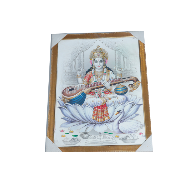 Goddess Saraswati Mata Sitting On Lotus Flower Photo Frame - 20 × 26 Inches | For Pooja Temple | Home Decor And Gifts