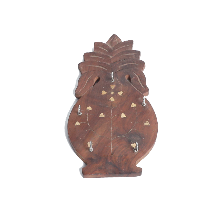 Brass Inlay on Wood Carving Pineapple with Five Key Hooks - 7 × 5 Inches