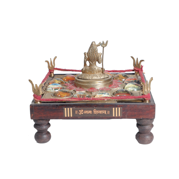 12 Jyotirling Sampoorna Shiva Yantra Chowki with Lord Shiva Idol In Brass & Wood - 6 × 6 Inches