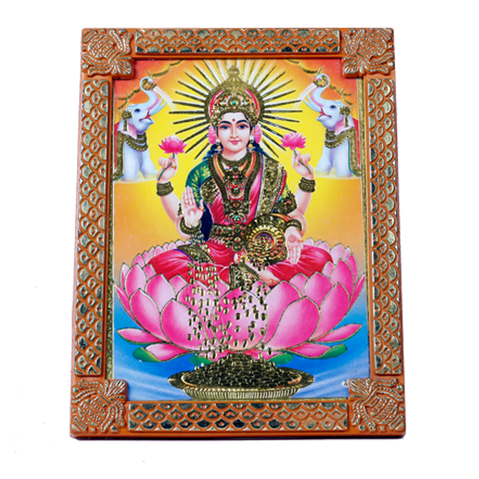 Maa Laxmi Showering Money with Pair of Elephant - 8 × 6 Inches | Glass Photo Frame