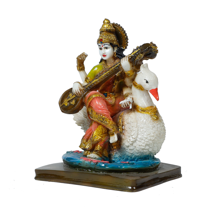 Goddess Saraswati Is Sitting on A Swan Marble Dust Murti Idol - 7 × 6 Inches | For Pooja Temple And Home Decor