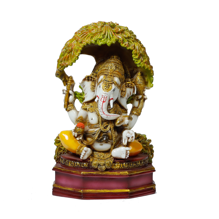 Lord Ganesha Is Sitting On The Throne Marble Dust Murti Idol - 11 × 7 Inches | For Pooja Temple And Home Decor