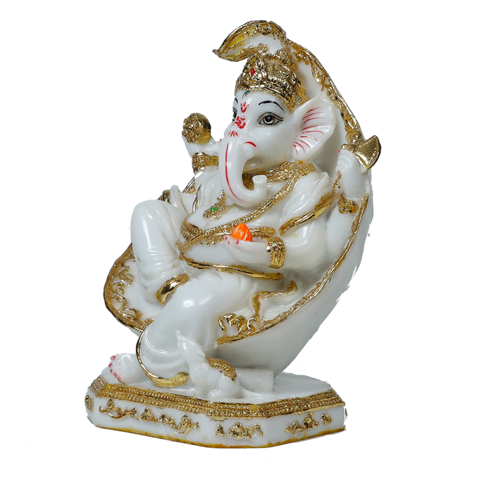 Lord Ganesha Is Sitting On A Betel Leaf Marble Dust Murti Idol - 9 × 5 Inches | For Pooja Temple And Home Decor