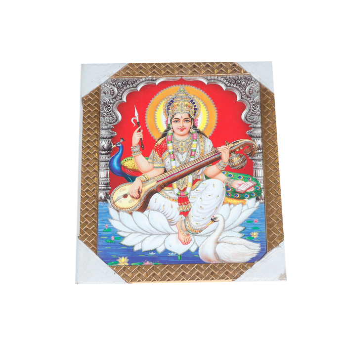 Goddess Saraswati Mata Sitting on Lotus Flower Photo Frame - 11 × 10 Inches | For Pooja Temple | Home Decor And GIfts