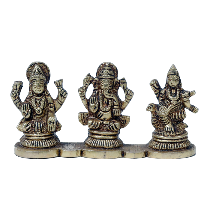 Brass Murti Goddess Lakshmi, Lord Ganesha And Goddess Saraswati Is Sitting On Stool - 2 × 4 Inches | 2 × 5 Inches | For Pooja Temple | Home Decor And Gifts