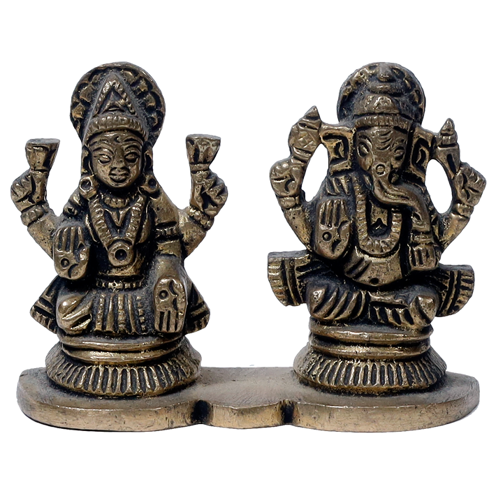 Brass Murti Goddess Lakshmi And Lord Ganesha Is Sitting On Stool - 2 × 3 Inches | 2.5 × 3 Inches | For Pooja Temple | Home Decor And Gifts