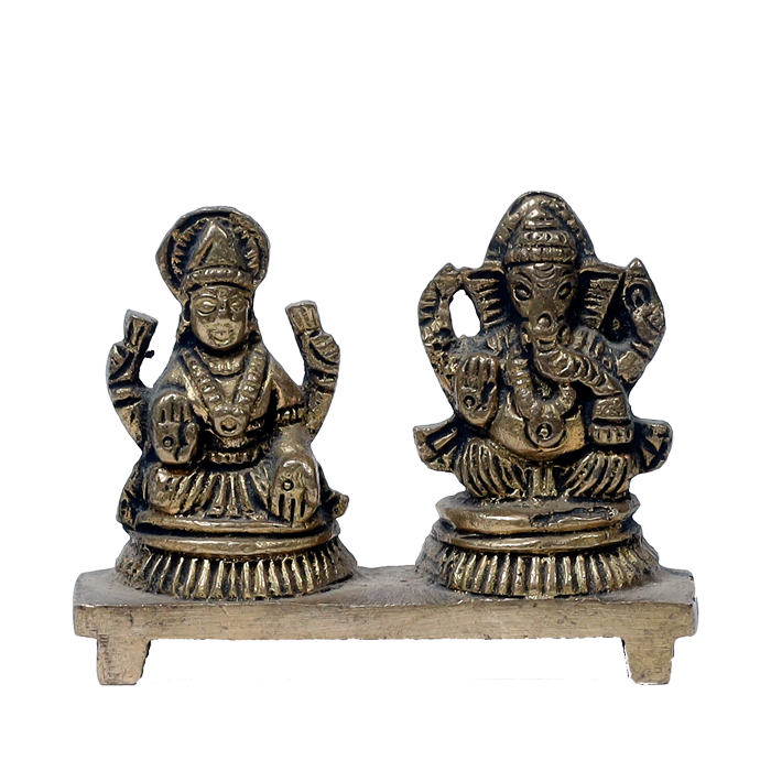 Brass Murti Goddess Lakshmi And Lord Ganesha Is Sitting On Stool - 2 × 3 Inches | 2.5 × 3 Inches | For Pooja Temple | Home Decor And Gifts