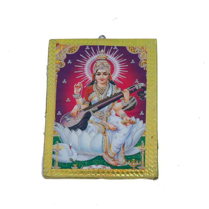Goddess Saraswati Mata Sitting on Lotus Flower Photo Frame - 7 × 5 Inches | For Pooja Temple | Home Decor And Gifts