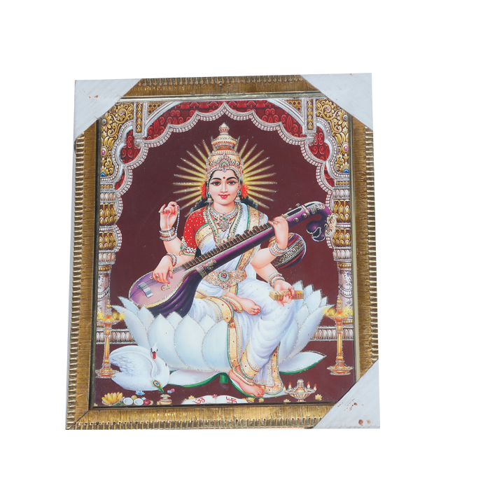 Goddess Saraswati Mata Sitting on Lotus Flower Photo Frame - 12 × 10 Inches | For Pooja Temple | Home Decor And GIfts
