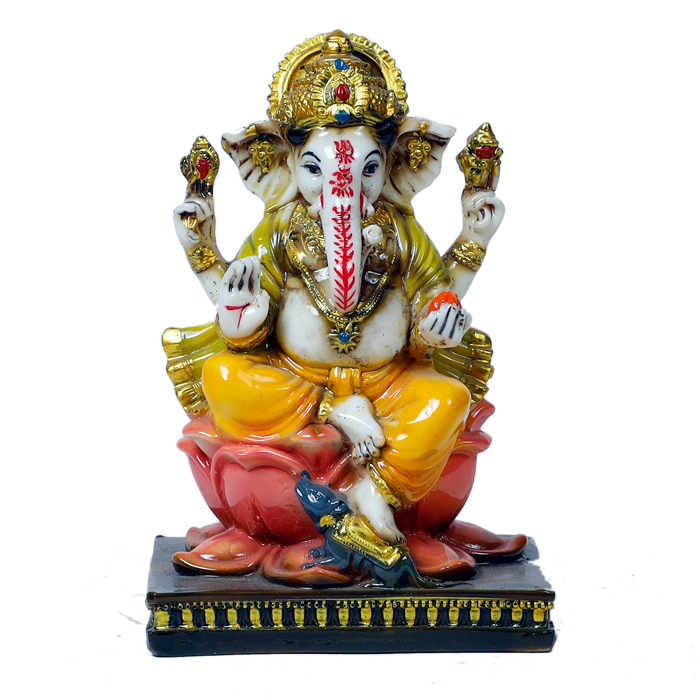 Lord Ganesha Is Sitting On The Throne Marble Dust Murti Idol - 6 × 4 Inches | For Pooja Temple And Home Decor