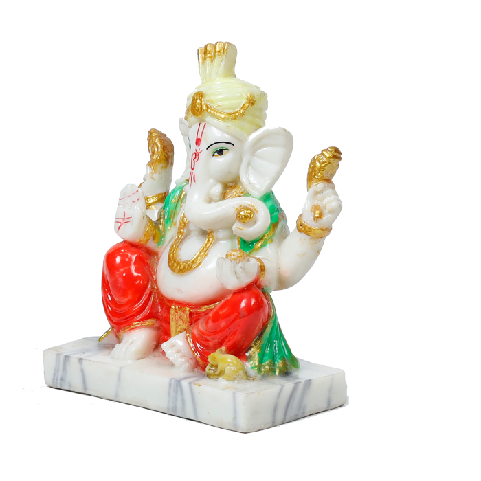 Lord Ganesha Is Sitting On The Stool | Marble Dust Murti Idol - 8 × 6 Inches | For Pooja Temple And Home Decor