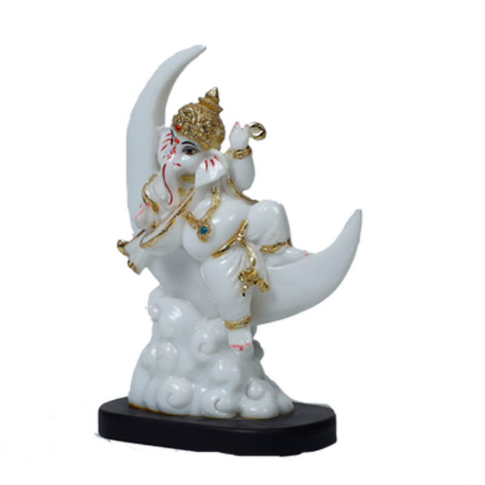Lord Ganesha Is Sitting On The Moon Marble Dust Murti Idol - 9 × 6 Inches | For Pooja Temple And Home Decor