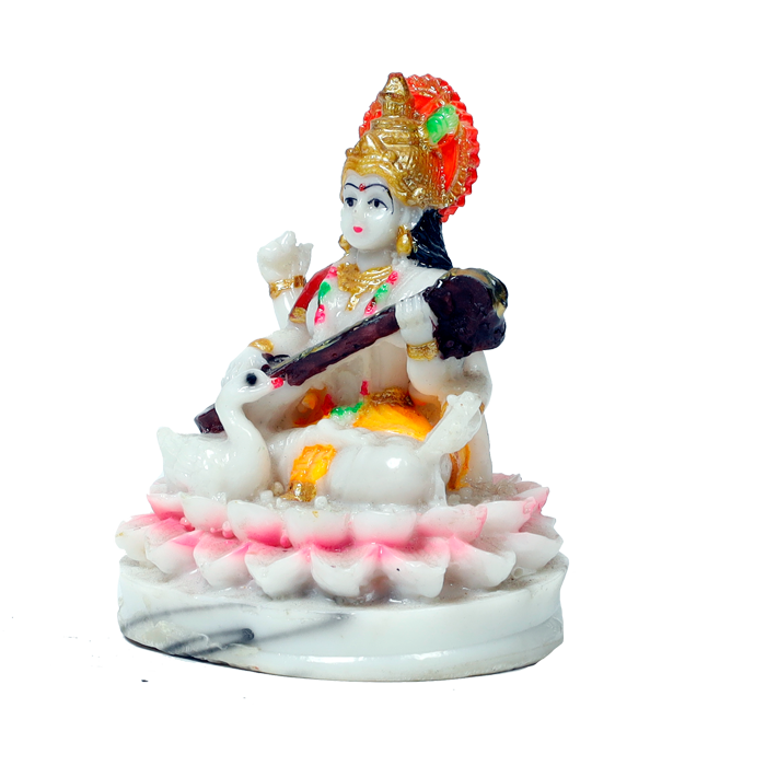Saraswati Ji Is Sitting On Lotus Flower Marble Dust Murti Idol - 4 × 3Inches | For Pooja Temple And Home Decor -