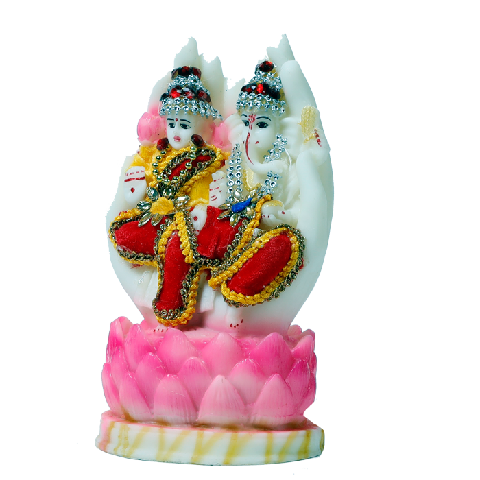 Lakshmi JI & Ganesh Ji Sitting on louts Flower | Marble Dust Murti Idol - 7 x 4 Inches | For Pooja Temple And Home Decor
