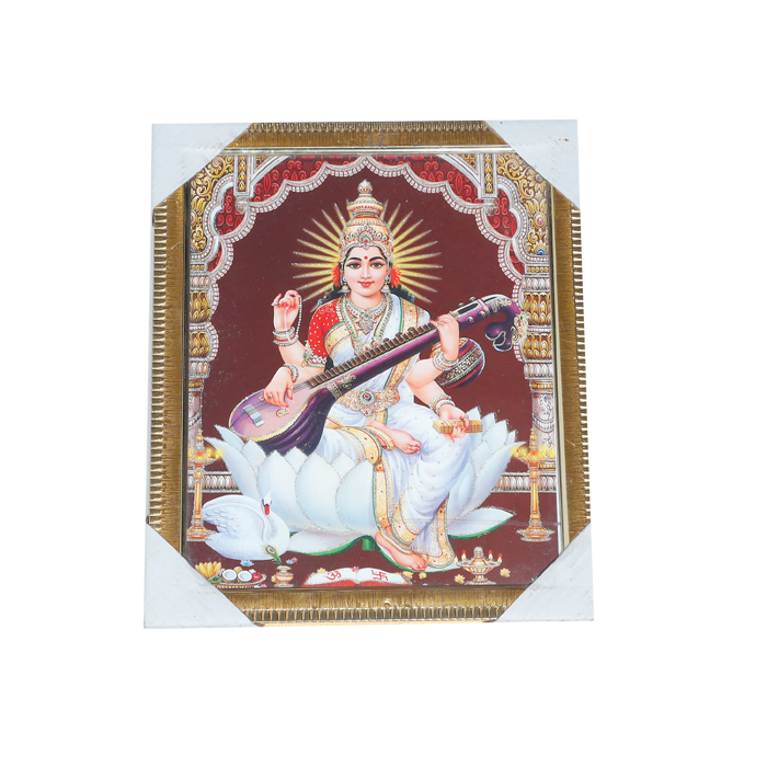 Goddess Saraswati Mata Sitting on Lotus Flower Photo Frame - 12 × 10 Inches | For Pooja Temple | Home Decor And GIfts