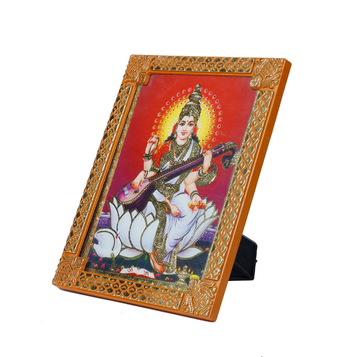 Goddess Saraswati Sitting On Lotus Photo Frame - 8 × 6 Inches | For Pooja Temple And Home Decor