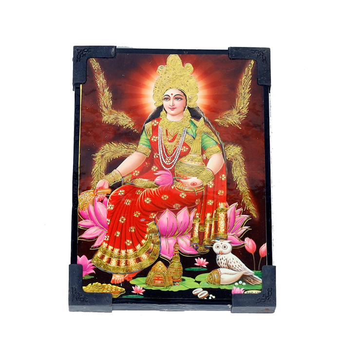 Maa Laxmi Sitting on Lotus With Owl Photo Frame - 7 x 5 Inches | For Pooja Temple And Home Decor