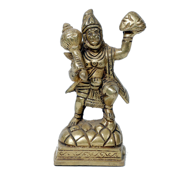 Brass Murti Veer Bajrang Bali Hanuman Ji Carrying Mountain of Herbs - 4 × 2.5 Inches | For Pooja Temple | Home Decor And Gifts