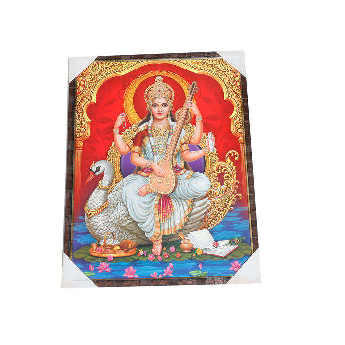 Goddess Saraswati Mata Sitting on Swan Photo Frame - 25 × 19 Inches | For Pooja Temple | Home Decor And GIfts