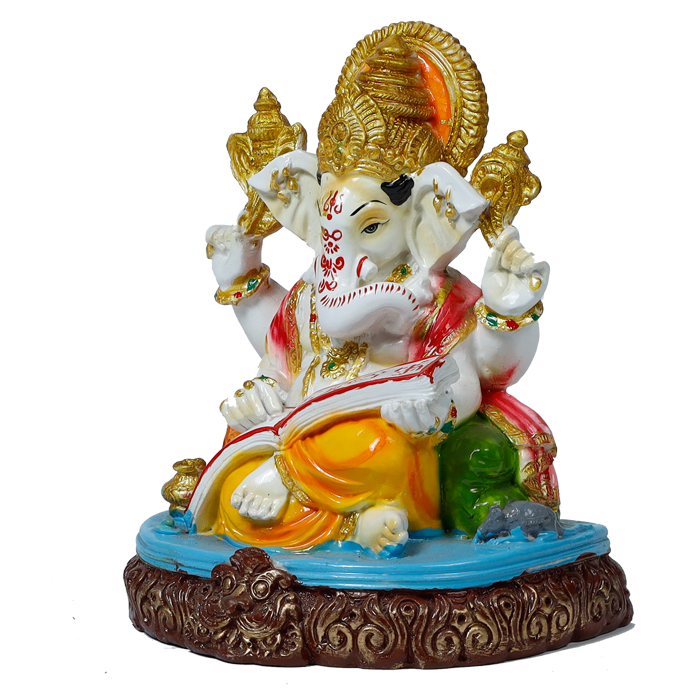 Lord Ganesha Is Sitting On The Throne Marble Dust Murti Idol - 8 × 6 Inches | For Pooja Temple And Home Decor
