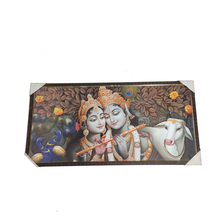 Lord Krishna And Goddess Radha With Cow Photo Frame - 20 × 40 Inches | For Pooja Temple | Home Decor And Gifts