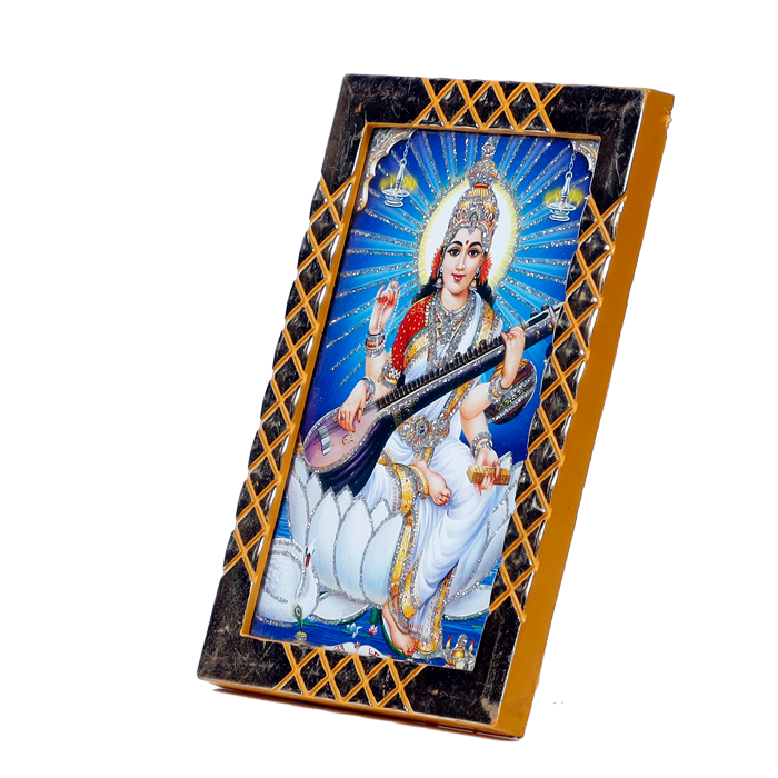 Saraswati Mata Sitting on Lotus Flower Photo Frame - 5 × 3 Inches | For Pooja Temple And Home Decor